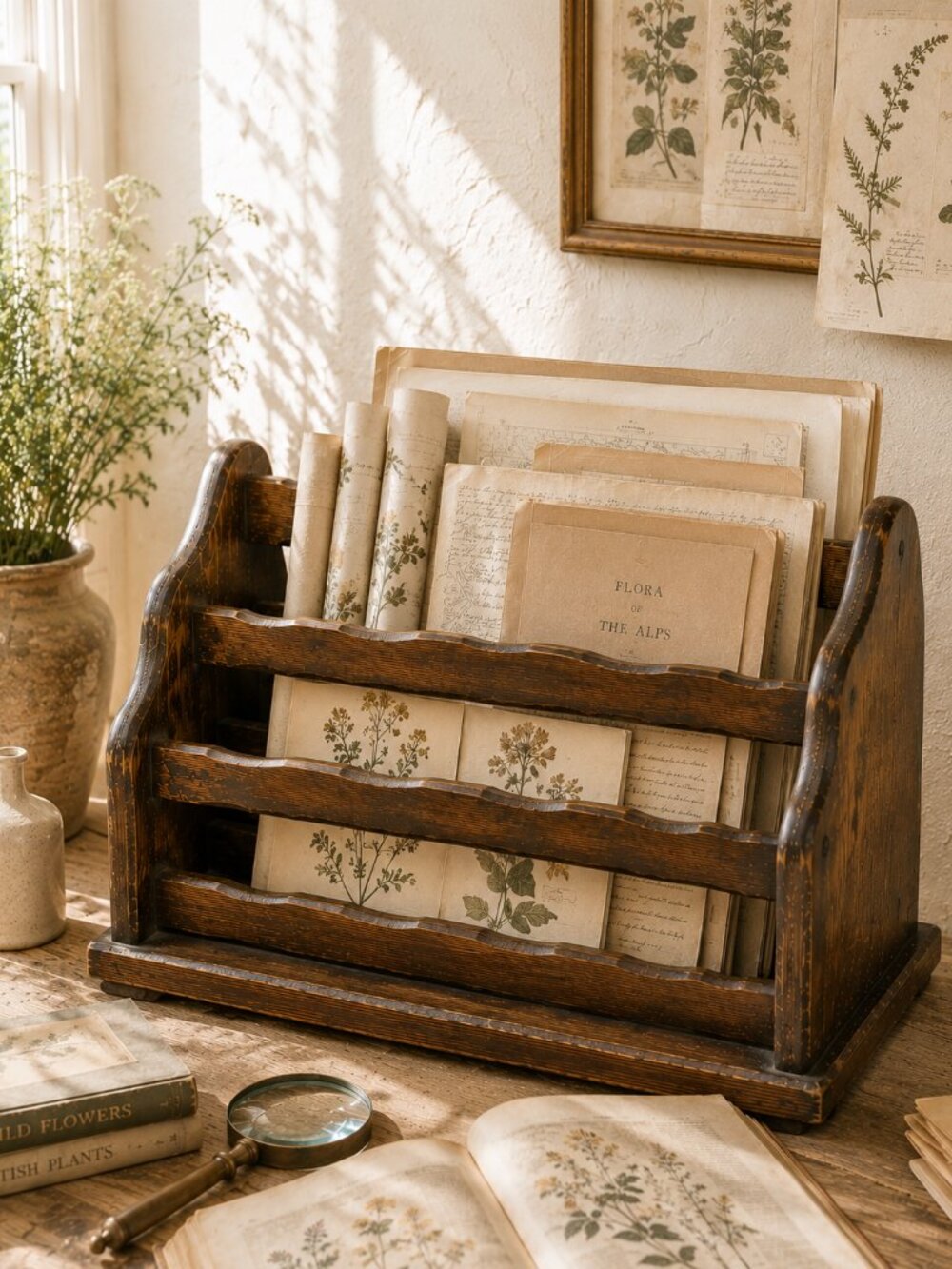 Vintage Primitive Rustic Pine Wood Magazine Rack Record Holder